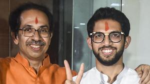 Shiv Sena leader Aditya Thackeray with his father Uddhav Thackery after winning the assembly elections at Sena Bhavan in Mumbai, Thursday, Oct. 24, 2019.(PTI) Shiv Sena leader Aditya Thackeray with his father Uddhav Thackery after winning the assembly elections at Sena Bhavan in Mumbai, Thursday, Oct. 24, 2019.(PTI)