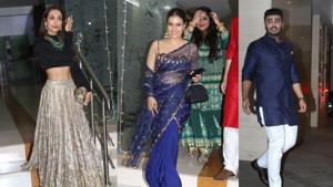 Malaika Arora and Kajol at Mallika Bhat’s Diwali party and Arjun Kapoor at Jackky Bhagnani’s bash in Mumbai on Friday.(Varinder Chawla)
