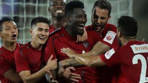 Asamoah Gyan celebrates after scoring for NorthEast United.(Twitter) Asamoah Gyan celebrates after scoring for NorthEast United.(Twitter)