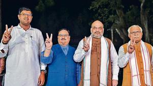 (L-R) Jannayak Janta Party leader Dushyant Chautala, BJP’s working president JP Nadda, Union home minister Amit Shah and Haryana CM Manohar Lal Khattar in New Delhi on Friday.(PTI) (L-R) Jannayak Janta Party leader Dushyant Chautala, BJP’s working president JP Nadda, Union home minister Amit Shah and Haryana CM Manohar Lal Khattar in New Delhi on Friday.(PTI)