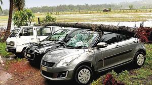 Strong winds due to Cyclone Kyarr uprooted trees in Goa on Friday, damaging vehicles.(ANI) Strong winds due to Cyclone Kyarr uprooted trees in Goa on Friday, damaging vehicles.(ANI)