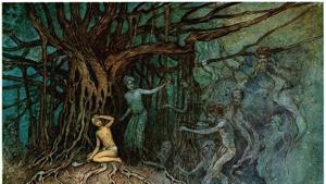 A bramhadaitya saves a man from other ghosts in this image from the 1912 illustrated edition of Folk-Tales of Bengal by Lal Behari Dey.(illustration by Warwick Goble) A bramhadaitya saves a man from other ghosts in this image from the 1912 illustrated edition of Folk-Tales of Bengal by Lal Behari Dey.(illustration by Warwick Goble)