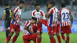 Roy Krishna of ATK celebrates the goal with team players.(ISL) Roy Krishna of ATK celebrates the goal with team players.(ISL)