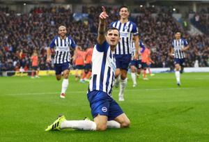 Brighton and Hove Albion's Pascal Gross celebrates scoring their first goal.(REUTERS) Brighton and Hove Albion's Pascal Gross celebrates scoring their first goal.(REUTERS)