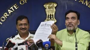 Delhi chief minister Arvind Kejriwal and labour minister Gopal Rai address at a press conference on Monday.(Mohd Zakir/ HT photo) Delhi chief minister Arvind Kejriwal and labour minister Gopal Rai address at a press conference on Monday.(Mohd Zakir/ HT photo)