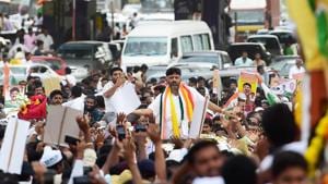 Congress leader D K Shivakumar being welcomed by his supporters on his arrival in Bengaluru.(PTI)
