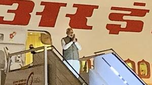 Prime Minister Narendra Modi emplanes for Riyadh, Saudi Arabia, on Monday(PTI photo) Prime Minister Narendra Modi emplanes for Riyadh, Saudi Arabia, on Monday(PTI photo)