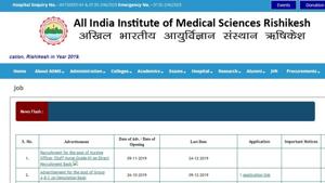 The online application process will start from November 9, 2019. (Screengrab)(AIIMS RISHIKESH) The online application process will start from November 9, 2019. (Screengrab)(AIIMS RISHIKESH)