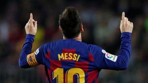 Barcelona's Lionel Messi celebrates scoring their fourth goal.(REUTERS) Barcelona's Lionel Messi celebrates scoring their fourth goal.(REUTERS)