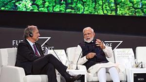 Prime Minister Narendra Modi at Future Investment Initiative (FII) in Riyadh on Tuesday.(ANI Photo) Prime Minister Narendra Modi at Future Investment Initiative (FII) in Riyadh on Tuesday.(ANI Photo)