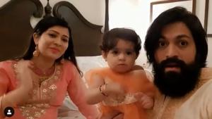 Yash with daughter Ayra and wife Radhika. Yash with daughter Ayra and wife Radhika.