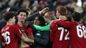 Liverpool's Curtis Jones, second left, celebrates with teammates at the end of the English League Cup soccer match between Liverpool and Arsenal at Anfield stadium in Liverpool, England, Wednesday, Oct. 30, 2019.(AP) Liverpool's Curtis Jones, second left, celebrates with teammates at the end of the English League Cup soccer match between Liverpool and Arsenal at Anfield stadium in Liverpool, England, Wednesday, Oct. 30, 2019.(AP)