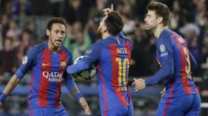 File image of Neymar celebrating a goal with Lionel Messi and Gerard Pique (L-R).(AP) File image of Neymar celebrating a goal with Lionel Messi and Gerard Pique (L-R).(AP)