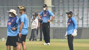 Bangladesh coach Russell Domingo, extreme left and spin bowling coach Daniel Vettori, second from right, seen wearing mask during Bangladesh team’s practice session at the Arun Jaitley stadium in New Delhi(PTI) Bangladesh coach Russell Domingo, extreme left and spin bowling coach Daniel Vettori, second from right, seen wearing mask during Bangladesh team’s practice session at the Arun Jaitley stadium in New Delhi(PTI)