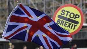 Anti-Brexit demonstrators hold flags and a banner outside Parliament in London,(AP) Anti-Brexit demonstrators hold flags and a banner outside Parliament in London,(AP)