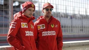 Ferrari driver Charles Leclerc and Ferrari driver Sebastian Vettel pose for a photo during the U.S. Grand Prix.(AP)