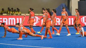 Indian women's hockey team players during a training session on the eve of their FIH Hockey Olympic Qualifiers 2019 match against USA, at Kalinga Stadium in Bhubaneswar, Odisha, Thursday, Oct. 31, 2019.(PTI) Indian women's hockey team players during a training session on the eve of their FIH Hockey Olympic Qualifiers 2019 match against USA, at Kalinga Stadium in Bhubaneswar, Odisha, Thursday, Oct. 31, 2019.(PTI)