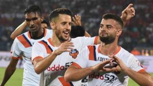 Guwahati: FC Goa players celebrate after scoring a goal against North East United FC.(PTI) Guwahati: FC Goa players celebrate after scoring a goal against North East United FC.(PTI)