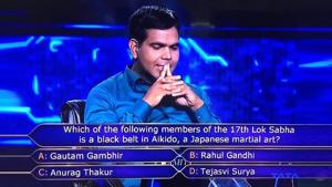 Tejasvi Surya posted screenshot from Kaun Banega Crorepati on social media.(Twitter/@Tejasvi_Surya) Tejasvi Surya posted screenshot from Kaun Banega Crorepati on social media.(Twitter/@Tejasvi_Surya)