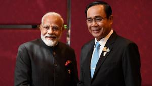 Both the leaders also discussed ways to enhance connectivity between the two countries, including in the areas of physical and digital spheres, the Ministry of External Affairs (MEA) said.(PMO India twitter) Both the leaders also discussed ways to enhance connectivity between the two countries, including in the areas of physical and digital spheres, the Ministry of External Affairs (MEA) said.(PMO India twitter)