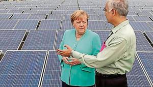 Chancellor of Germany, Angela Merkel, at the Dwarka Sector 21 Metro Station in New Delhi on Saturday.(PTI Photo) Chancellor of Germany, Angela Merkel, at the Dwarka Sector 21 Metro Station in New Delhi on Saturday.(PTI Photo)