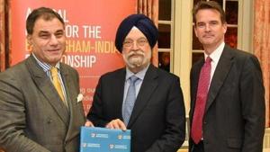 University of Birmingham’s chancellor Karan Bilimoria (left) with Union minister Hardeep Singh Puri (centre).(Photo Credit: Hardeep Singh Puri / Twitter) University of Birmingham’s chancellor Karan Bilimoria (left) with Union minister Hardeep Singh Puri (centre).(Photo Credit: Hardeep Singh Puri / Twitter)