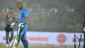 Shikhar Dhawan leaves the field after being dismissed during the first T20 match between Bangladesh and India.(PTI) Shikhar Dhawan leaves the field after being dismissed during the first T20 match between Bangladesh and India.(PTI)