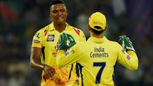 Lungi Ngidi (L) in action with MS Dhoni.(Twitter) Lungi Ngidi (L) in action with MS Dhoni.(Twitter)