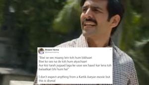 Kartik Aaryan in a still from the Pati Patni Aur Woh trailer. Kartik Aaryan in a still from the Pati Patni Aur Woh trailer.