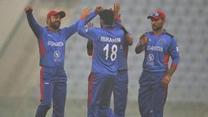 Afghanistan cricket team celebrates after taking a wicket of West Indies player Kieron Pollard.(HT Photo) Afghanistan cricket team celebrates after taking a wicket of West Indies player Kieron Pollard.(HT Photo)