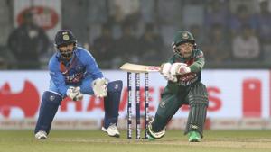 Mustafiqur Rahim plays a shot against India during the first T20 match at the Arun Jaitley stadium.(AP) Mustafiqur Rahim plays a shot against India during the first T20 match at the Arun Jaitley stadium.(AP)