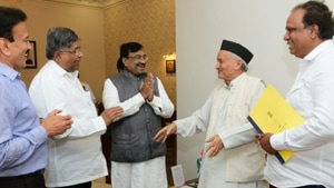 BJP leaders meeting Maharashtra governor Bhagat Singh Koshyari. (Photo @BJP4Maharashtra) BJP leaders meeting Maharashtra governor Bhagat Singh Koshyari. (Photo @BJP4Maharashtra)