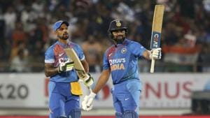 India's captain Rohit Sharma, right celebrates his fifty as Shikhar Dhavan looks on. (AP) India's captain Rohit Sharma, right celebrates his fifty as Shikhar Dhavan looks on. (AP)