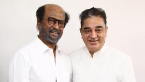 Kamal Haasan and Rajinikanth at the former’s office launch. Kamal Haasan and Rajinikanth at the former’s office launch.