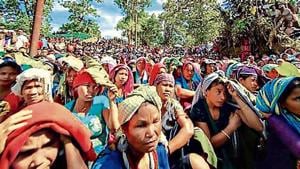 Bru refugees protest at Kanchanpur in North Tripura district on Thursday.(HT Photo)