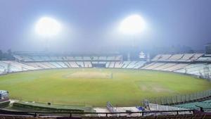 Eden Garden is seen shrouded in smog during preparations.(PTI) Eden Garden is seen shrouded in smog during preparations.(PTI)