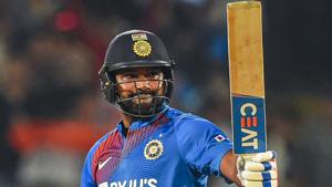 India's stand-in captain Rohit Sharma raises his bat after scoring 50 runs during the second T20 cricket match against Bangladesh at Saurashtra Cricket Association Stadium in Rajkot, Thursday, Nov. 7, 2019.(PTI) India's stand-in captain Rohit Sharma raises his bat after scoring 50 runs during the second T20 cricket match against Bangladesh at Saurashtra Cricket Association Stadium in Rajkot, Thursday, Nov. 7, 2019.(PTI)