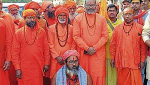 Seers carried out a march in Haridwar, Uttarakhand, on Friday, November 8, 2019, urging the people to respect the SC ruling in the Ayodhya case.(HT PHoto)