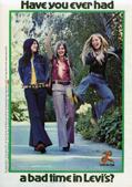 A 1970s Levis ad shows jeans in all colours, flaring wildly below the knee. A 1970s Levis ad shows jeans in all colours, flaring wildly below the knee.
