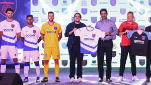 Odisha football team players and officials launch their home jersey of Odisha FC ahead of ISL 2019, in Bhubaneswar.(PTI) Odisha football team players and officials launch their home jersey of Odisha FC ahead of ISL 2019, in Bhubaneswar.(PTI)