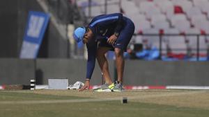 Indian captain Rohit Sharma inspects the pitch(AP) Indian captain Rohit Sharma inspects the pitch(AP)