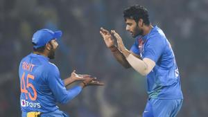 Indian players Rohit Sharma and Shivam Dube celebrate the dismissal of Bangladesh's Mushfiqur Rahim(PTI) Indian players Rohit Sharma and Shivam Dube celebrate the dismissal of Bangladesh's Mushfiqur Rahim(PTI)