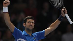 Serbia's Novak Djokovic celebrates after defeating Italy's Matteo Berrettini in their ATP World Tour Finals(AP) Serbia's Novak Djokovic celebrates after defeating Italy's Matteo Berrettini in their ATP World Tour Finals(AP)