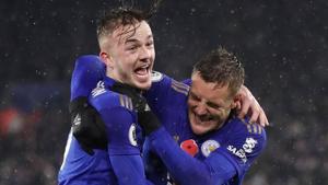 Leicester City's James Maddison celebrates scoring their second goal with Jamie Vardy.(Reuters) Leicester City's James Maddison celebrates scoring their second goal with Jamie Vardy.(Reuters)