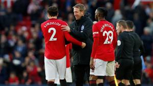 Brighton and Hove Albion manager Graham Potter shakes hands with Manchester United's Victor Lindelof after the match(REUTERS) Brighton and Hove Albion manager Graham Potter shakes hands with Manchester United's Victor Lindelof after the match(REUTERS)