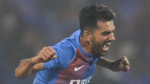 Nagpur: India's Deepak Chahar celebrates the dismissal of Bangladesh's Mohammad Mithun.(PTI) Nagpur: India's Deepak Chahar celebrates the dismissal of Bangladesh's Mohammad Mithun.(PTI)