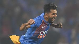India's Deepak Chahar celebrates the dismissal of Bangladesh's Mohammad Mithun.(PTI) India's Deepak Chahar celebrates the dismissal of Bangladesh's Mohammad Mithun.(PTI)