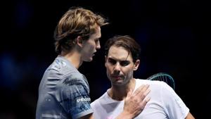 Germany's Alexander Zverev with Spain's Rafael Nadal after winning their group stage match.(REUTERS) Germany's Alexander Zverev with Spain's Rafael Nadal after winning their group stage match.(REUTERS)
