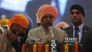 President Ram Nath Kovind addressing the gathering during a state level function to celebrate the 550th birth anniversary of Guru Nanak Dev Ji at Sultanpur Lodhi, Punjab, India.(Pardeep Pandit/Hindustan Times) President Ram Nath Kovind addressing the gathering during a state level function to celebrate the 550th birth anniversary of Guru Nanak Dev Ji at Sultanpur Lodhi, Punjab, India.(Pardeep Pandit/Hindustan Times)