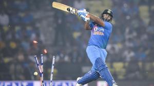 Rishabh Pant gets bowled out during the third T20I.(PTI) Rishabh Pant gets bowled out during the third T20I.(PTI)